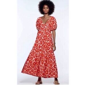Zara Red Floral Maxi Dress with Puff Sleeves size XS